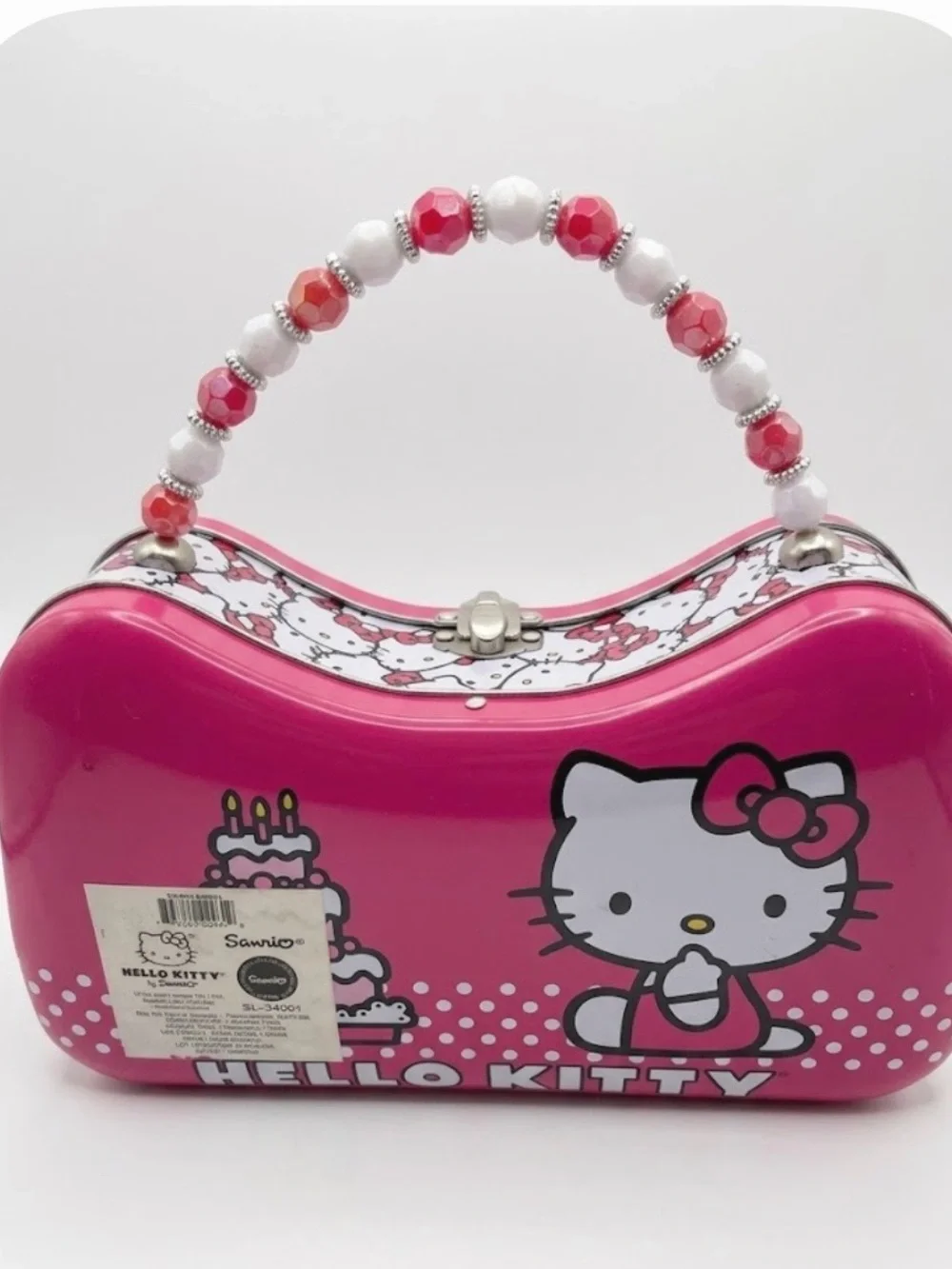 Hello Kitty Hot pink-tin Purse-lunch box-school supply box-trinket-beaded handle